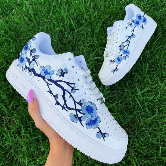 Nike Other - Nike Air Force 1 Kids 4.5Y Custom Embroidered Blue Floral Sneakers EUC